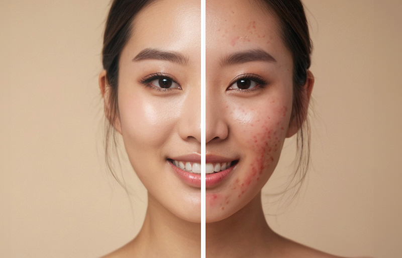 Before and after image of micro-needling treatment to improve acne scars and skin texture.